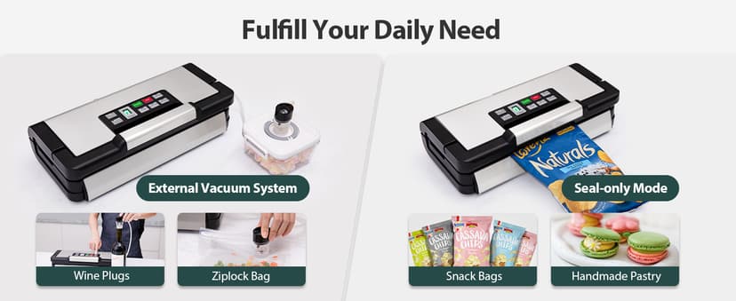 95kPa Vacuum Sealer Machine with AquaLock Technology, for Moist Seals, 2X Seal & 130W, Fully Automatic Food Sealer, Built-In Cutter, Bag Storage & Hose, Precision Sealing, 2 Bag Rolls,Stainless Steel