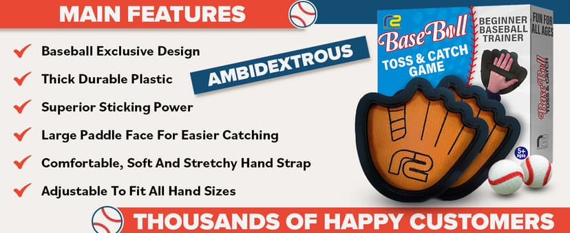 Toss and Catch Ball Game Set - Easy to Use Sticky Balls & Beginner Baseball Training Glove - Premium Toy Paddle Fits All Hand Sizes From Toddlers to Teens & Adults - Fun Gift Idea for Boys and Girls