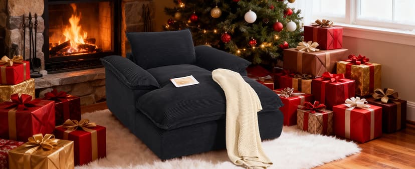 Oversized Chaise Lounge Chair Indoor, 67" Boneless Chaise Lounge with Extra Deep Seat, Comfy Corduroy Upholstered Sleeper Sofa Bed, Cozy Fluffy Single Sofa Armchair for Living Room, Black