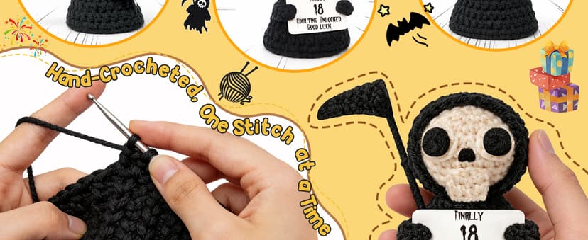 Unique 18th Birthday Gifts for Women Men - Mini Handmade Crochet Grim Reaper - Adulting Funny 18 Year Old Milestone Gag Gifts for Him Her - Handmade Crochet Desk Decor B0GS9Q8J46