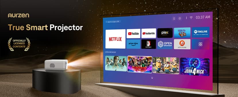 Aurzen EAZZE D1 Smart Projector with WiFi and Bluetooth, Netflix-Officially-Licensed, Auto Focus & Keystone, DoIby Audio, Zoom, Native 1080P Movie, Portable Outdoor Mini Projector, White