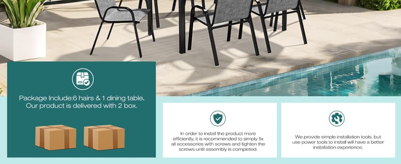 Pamapic Outdoor Dining Sets for 6, Rectangular Steel Slat Table with 6 Textilene Chairs, 7 Piece Patio Table and Chairs Set with Umbrella Hole for Patio, Garden, Backyard and Poolside (Grey)
