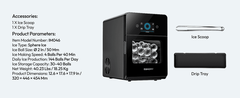 EUHOMY 2" Ice Ball Maker Countertop, 4Pcs Ready in 40Mins, 144Pcs/day, Self-Cleaning Sphere Ice Maker Machine with Crystal Clear Ice, Round Ice Cube Maker for Whiskey & Bourbon