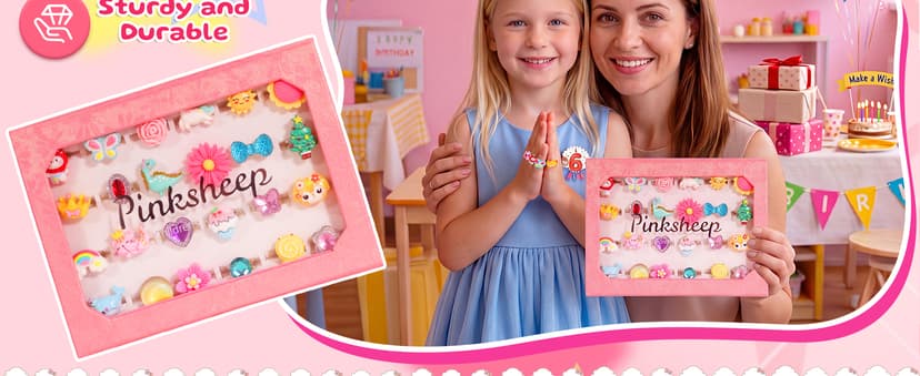 PinkSheep Little Girl Jewel Rings in Box, Adjustable, No Duplication, Girl Pretend Play and Dress Up Rings (24 Lovely Ring)