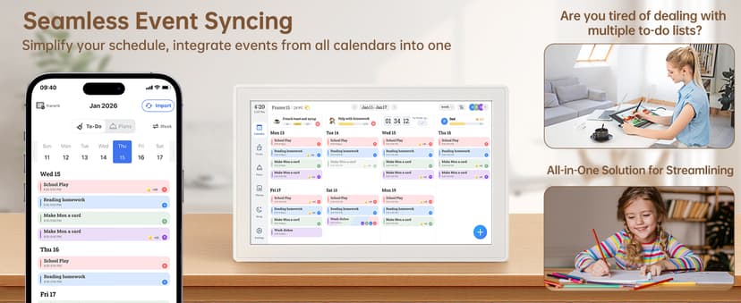 Real-time Google, Outlook and iCloud sync keeps every family member organized, with meal planning and no subscription fees. 15.6" Digital Calendar Wall Touch Screen, Chore Chart, Photo Frame, Bases B0GBVS5NX1