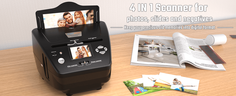 Photo and Slide Scanner with 2.4” LCD Screen, Convert Negatives & Slides 35mm/135 Film, Photo(3R,4R,5R), Business Card to 22MP JPEG Digital Photos, 4GB SD Card Included