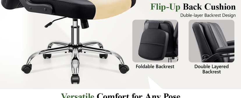 Criss Cross Office Chair with 2-in-1 Flip Backrest – Ergonomic PU Leather Floor Sitting Chair, Adjustable Height, 360° Swivel & Flip-Up Arms, Extra-Wide Seat for Home Office, Vanity, Nail Salon-Black