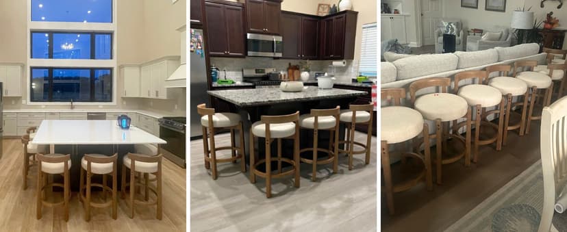 LukeAlon Mid Century Linen Counter Stools Set of 3, Upholstered 26.5" Seat Height Low Barstools with Natural Wood Legs Round Low Back Kitchen Stools with Footrest for Dining Room, Beige
