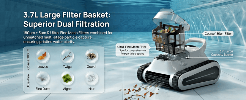 Cordless Robotic Pool Cleaner - Automatic Pool Vacuum Robot for Inground&Above Ground Pools, Wall&Waterline Climbing, Smart Navigation, 180mins Runtime, APP Control, Dual Filtration, Powerful Suction