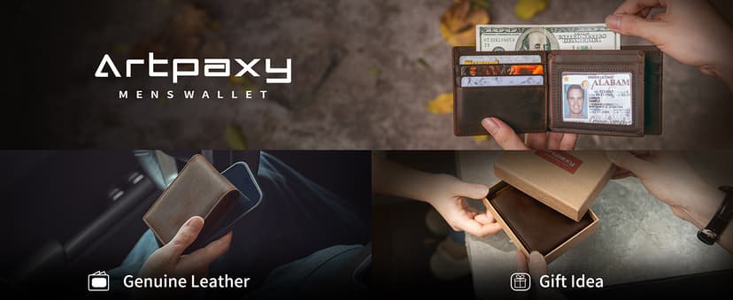 Artpaxy Mens Wallet Genuine Leather Bifold RFID Blocking Wallet for Men with 1 ID Window 13 Card Holders 2 cash pockets 1 Gift Box