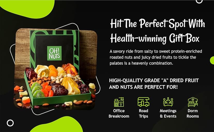 Oh! Nuts Dried Fruits and Nuts Gift Basket - Premium, Healthy Assortment of Nuts & Dried Fruits, Grown and Traditionally Crafted in the USA, Sealed Fresh in Individual Packs (Green box)