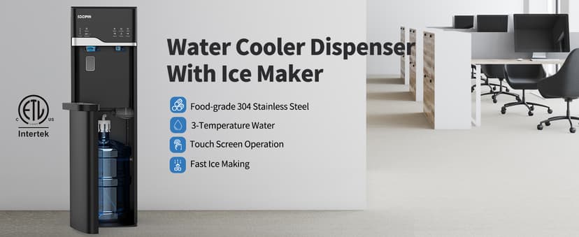 Self Cleaning Hot and Cold Bottom Load Water Cooler Dispenser with Ice Maker 5 Gal Built-in Bullet Ice Maker 22lbs Daily Capacity Black
