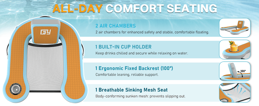 Adults Inflatable Pool Float Chair, Floating Lounger with Cup Holder, 100° Fixed Backrest, Breathable & Sinking Mesh Seat, Inflatable Lounger Float for Swimming Pool/Beach/Lake/Party