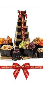 NUT CRAVINGS - Diwali Sweets Hamper Dried Fruit & Mixed Nuts Gift Basket in Black Tower + Ribbon (12 Assortments) Food Arrangement, Healthy Snack Care Package, Food Assortments