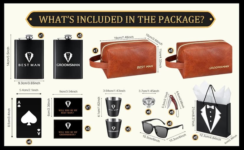 60Pcs Groomsmen Gifts Set of 6, Groomsmen Proposal Box with Flasks Sunglasses PU Leather Toiletry Bag Bottle Opener for Wedding Groomsman Best Man Gift