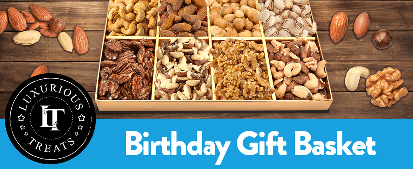 Luxurious Treats Nuts Gift Basket, Happy Birthday Nut Gifts Gourmet Collection Healthy Food Box Mixed Cravings Platter Tray Sampler Assortment Mix for Men Women