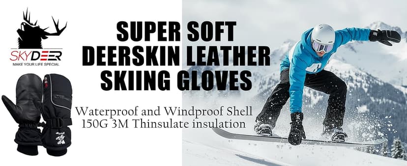SKYDEER Waterproof Premium Deerskin Leather Ski Mittens with 150G 3M Thinsulate, Ultra Soft & Durable & Warm (SD8650M)