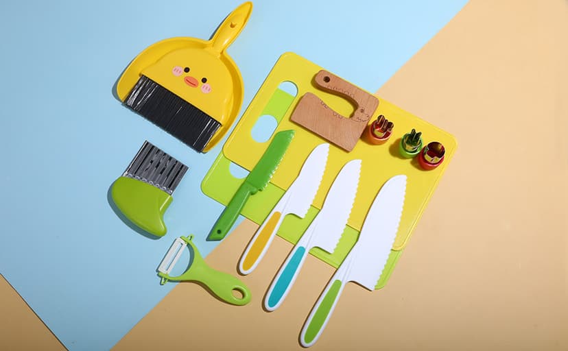 14PC Montessori Toy Safe Kitchen Knife Set for Toddler, Kids Knife Set for Real Cooking with Cutting Board, Gift for 3-12 Year Old Girl Boy Bithday Chistmas, Little Chef Cooking Tool for Kid Age 3-12