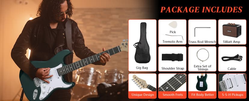 Ktaxon 39 Inch Electric Guitar Kit for Beginner, HSS Pickups 6 String Solid-Body Full Size Adults Electric Guitars W/Amplifier, Bag, Strap, Cable, Accessories - Green