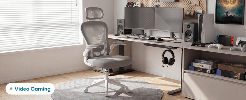 SeekFancy Ergonomic Office Chair M903, Computer Desk Chair with Wheels, High Back Mesh Office Chair with Adjustable Lumbar Support, Headrest, Flip-Up Armrests, White Grey