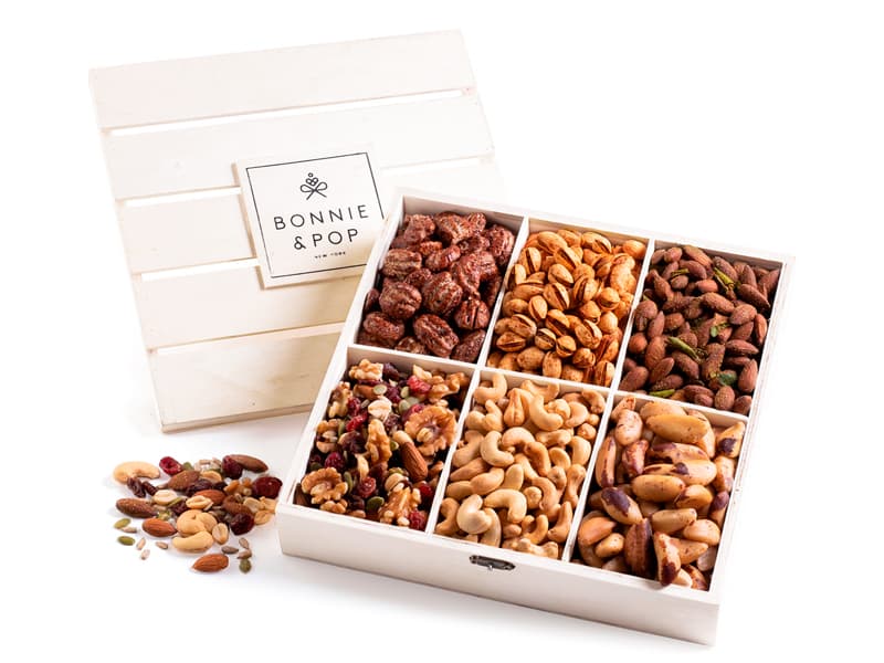 Nut Gift Basket, in Reusable Wooden Crate, Healthy Gift Option, Gourmet Snack Food Box, with Unique Flavors, Great for Feel Better, Sympathy & Birthday- Bonnie & Pop
