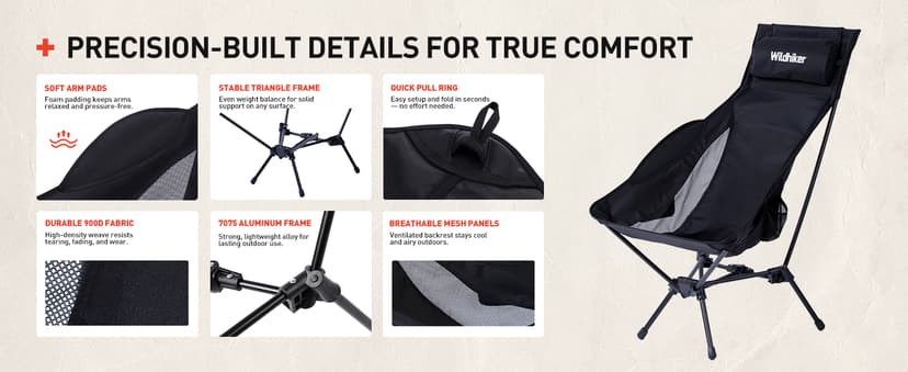 Wildhiker Portable Compact Folding Camping Chairs – Lightweight High Back with Pillow, Deep Recline, ArmPads, Side Pockets-for Motorcycle, RV, Backpacking, Travel, Festival – Black