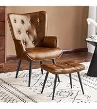 Furniliving PU Leather Accent Chair with Ottoman, Upholstered Reading Chair with High Backrest, Tufted-Button Wingback Armchair for Bedroom, Dressing Room, Home Office, Brown