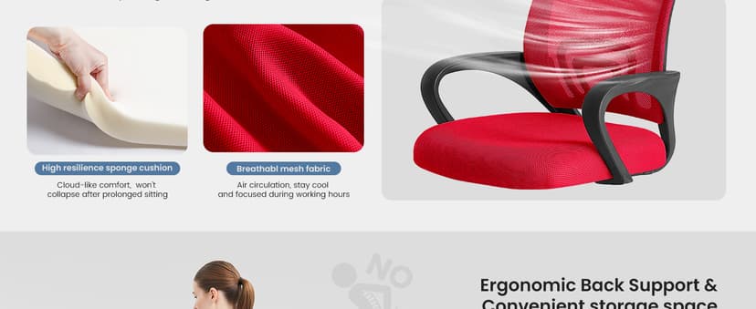 DUMOS Home Office Chair - Ergonomic Mid Back Mesh Desk Chair with Lumbar Support & Rocking Mode, Height Adjustable with Fixed Armrest, for Computer, Gaming, Meeting, 360° Swivel, Red