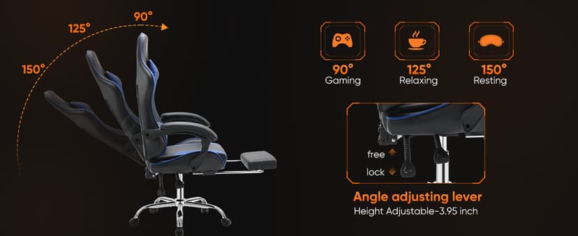 DUMOS Ergonomic Gaming Office Desk Chair with Linkage Armrests for Adults, Height Adjustable Computer Chair with Footrest and Headrest, PU Leather 360° Swivel Recliner with Lumbar Support, Deep Blue