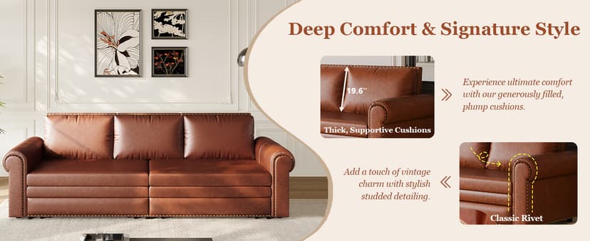 LuxyHoom 93.7" King Size Sleeper Sofa Bed, Pull Out Sofa Bed, Faux Leather Upholstery, 3 in 1 Convertible Sleeper Couch, Chaise Lounge, Retro Recliner for Living Room, Office, Apartment, Dark Brown