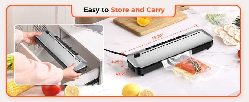 Vacuum Sealer Machine 75KPa Food with 6-in-1 Dry/Moist Modes & Digital Timer, Compact Lightweight Design, Built-in Cutter + 10 Bags (Black Silver)