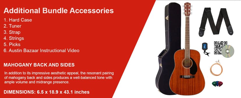 Fender CD-60S Solid Top Dreadnought Acoustic Guitar - All Mahogany Bundle with Hard Case, Tuner, Strap, Strings, Picks, and Austin Bazaar Instructional DVD