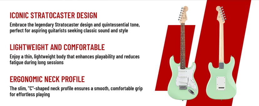 Fender Squier Stratocaster Electric Guitar - Surf Green Bundle with Amplifier, Gig Bag, Cable, Strap, Picks, and Austin Bazaar Instructional Video