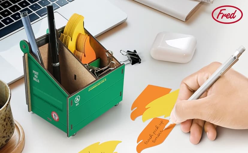 Genuine Fred Desk Dumpster Pencil Holder with 100+ Flame Note Cards, Funny 3-Compartment Organizer for Office Supplies, Desk Caddy for Work or Home