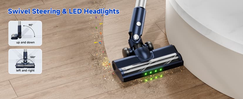 Cordless Vacuum Cleaner, Powerful Suction Vacuum Cleaners for Home, Anti-Tangle Pet Hair Brush, Lightweight, Self-Standing, Green LED Headlight, 6-in-1 Stick Vacuum for Carpet Hardwood Floor-Dark Blue