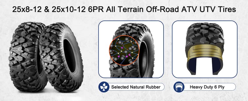 MaxAuto Set of 4 UTV ATV Tires 25x8-12 Front & 25X10-12 Rear Tire, 6PR Tubeless, Four Wheeler Tires All Terrain Tire 25x8x12 Sport Mud-tires 25x10x12 Off Road tire, 4 Pack in 2 Packages