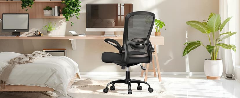 Mimoglad Ergonomic Office Chair - Desk Chair with Flip-up Armrests & 135° Recline, Adjustable Lumbar Support - Space-Saving Task Chair for Business/Team Office & Home (Black, 350lbs)