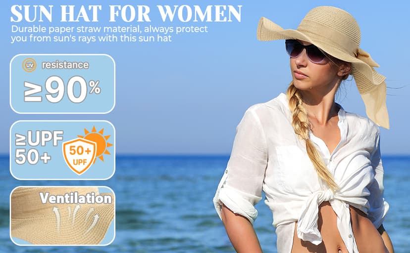 Pleneal Beach Sun Straw Hats for Women, UPF 50+ UV Sun Protection Wide Brim Summer Straw Hat Foldable Packable Roll up Cap