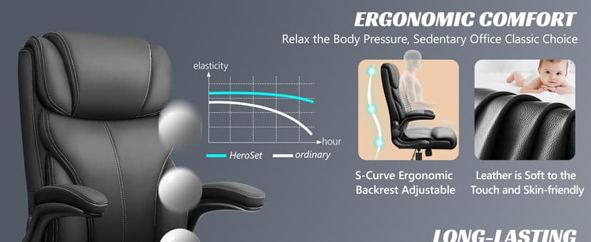 HeroSet Office Chair, Ergonomic Big and Tall Computer Desk Chairs, Executive Breathable Leather Chair with Adjustable Flip-up Armrests, Lumbar Support Swivel PC Chair with Rocking Function