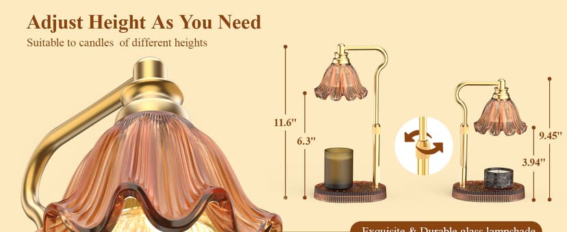 Flameless Electric Wax Warmer for Jar Candles, Includes 2 Bulbs, Brown, Home Decor Gift for Men & Women, Housewarming Flower Candle Warmer Lamp with Timer & 4-Level Dimmer, Adjustable Height B0F47HJQKV
