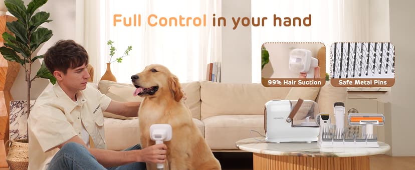 Dog Grooming Vacuum Kit - 3L Vacuum with 7 Tools, Low Noise Electric Clipper and Brush for Pet Shedding at Home, White