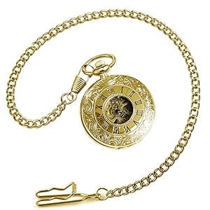 VIGOROSO Vintage Hand Wind Up Pocket Watches for Men, Mechanical Pocket Watch with Chain, Mens Skeleton Pocketwatch