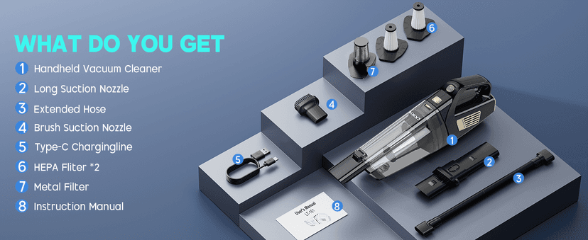 CKIKH Handheld Vacuum Cordless, 15000PA Strong Suction Hand Held Car Vacuum Cleaner Portable with Multi-Nozzles & Washable Filter, Lightweight Dust Busters Rechargeable for Home, Car, Office, Pets