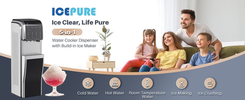 ICEPURE Multi-Function WiFi Water Cooler with Bullet and Crushed/Chewable Ice Maker, 5 Gallon Bottle Bottom Loading, Hot Cold Water Dispenser Built-in Ice Machine Combo, 35lbs/24H, Stainless Steel
