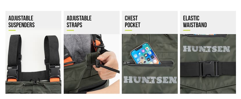HUNTSEN Fishing Waders for Men Women - 2-Ply Nylon/PVC Waterproof Hunting Chest Waders with Boot Hanger&Phone Case, Size10-12
