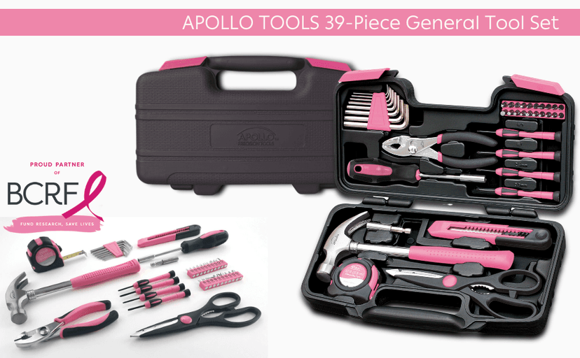 Apollo Tools Original 39 Piece General Household Tool Set in Toolbox Storage Case with Essential Hand Tools for Everyday Home Repairs, DIY and Crafts - Pink Ribbon - Pink - DT9706P