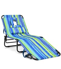GYMAX Tanning Chair, 330lbs Beach Lounge Chair with Face Hole, Washable Pillow & Carry Strap, Adjustable Folding Chaise Lounge, Layout Lounger for Outside, Patio, Poolside, Lawn (1, Blue)