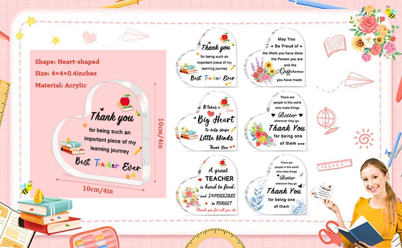 Teacher Valentine Gift, Valentines Day Gifts for Teachers - Acrylic Heart Shape Teachers Plaque 4×4 in, Teacher Retirement Gifts for Women Men, End of Year Thank You Teacher Keepsake
