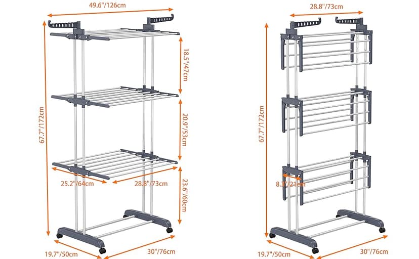 HOMIDEC Clothes Drying Rack, Oversized 4-Tier(67.7" High) Foldable Stainless Steel Drying Rack Clothing, Movable Drying Rack with 4 castors, 24 Drying Poles and 14 Hooks for Bed Linen, Clothing, Grey