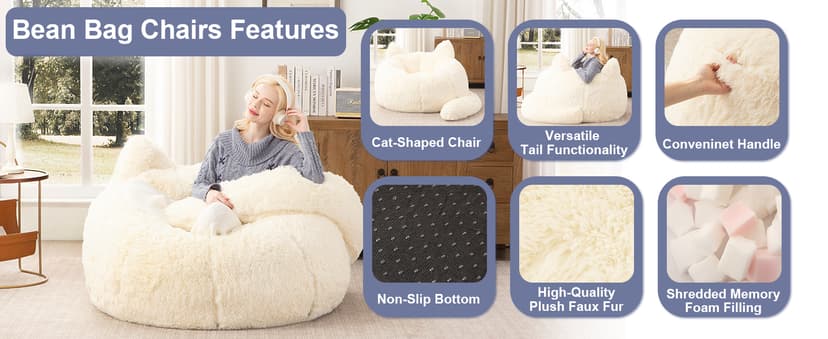 Achicsofar Bean Bag Chair for Adults Teens Giant Faux Fur Bean Bag Chairs with Filler Fluffy Plush Cat Shaped Beanbag Couch Comfy Accent Floor Sofa for Gaming, Reading in Living Room, Bedroom, Dorm